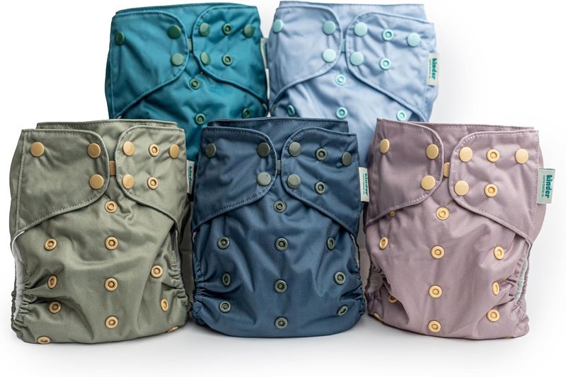 Kinder Cloth Diapers Set of 5 Reusable Baby Diapers Pocket Style Athletic Wicking Jersey, Newborn to Potty 7-60lbs, One Size, Inserts NOT Included (Coastal Calm) - Image 1